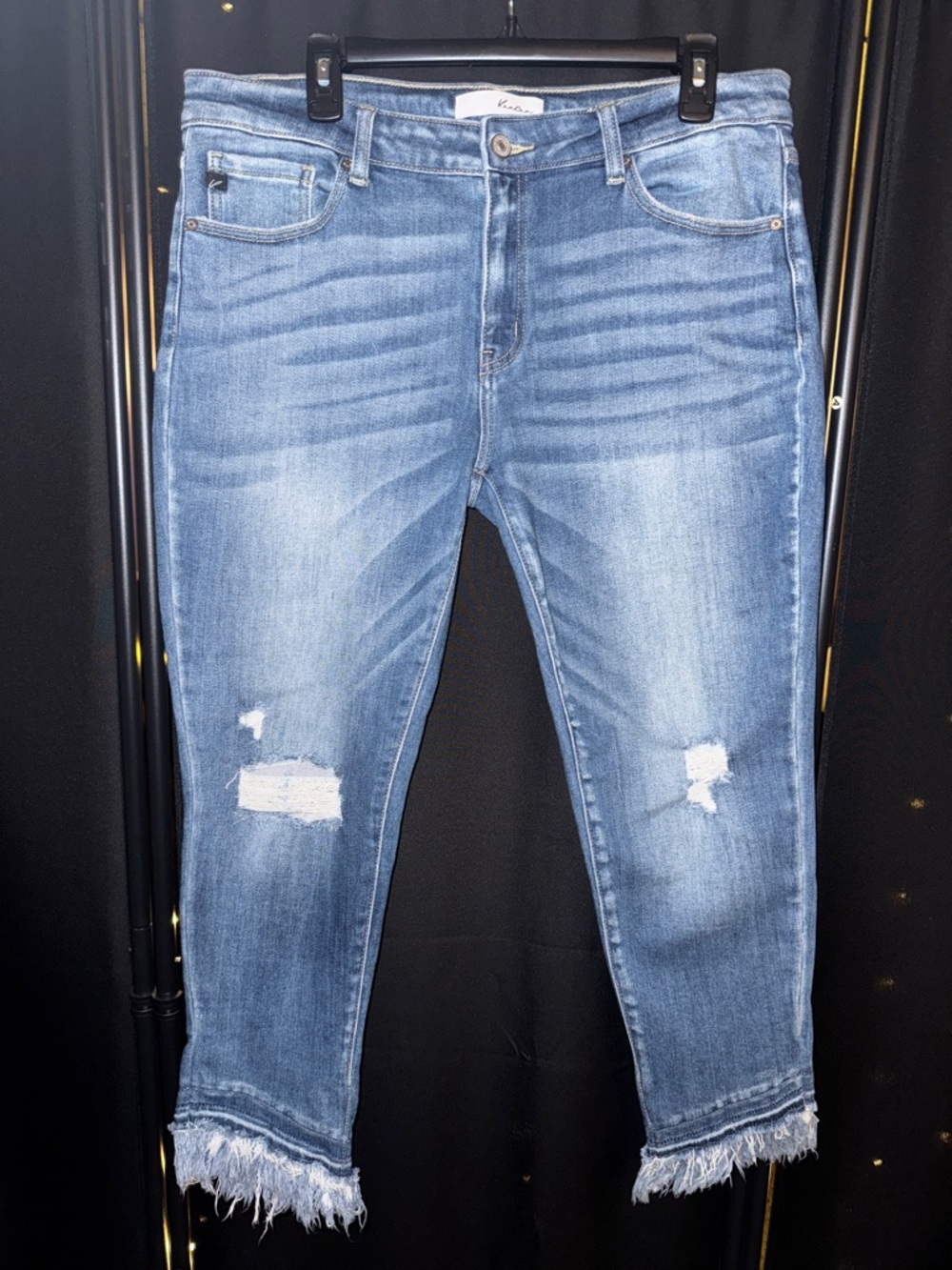 Kancan Medium Blue Denim Jeans with angled frayed hem